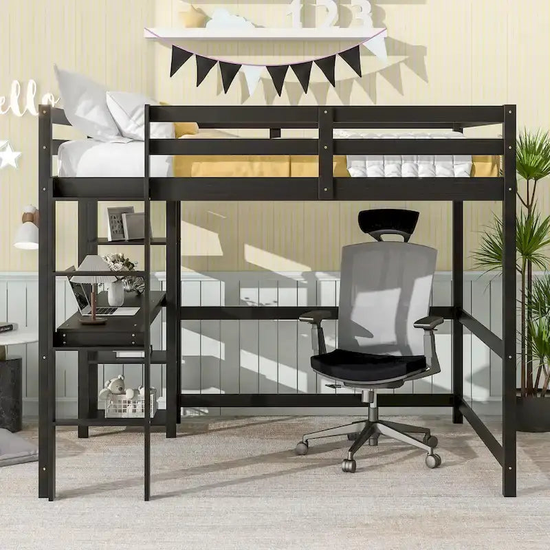 Lit mezzanine avec bureau et étagères, Espresso/Blanc/Gris, 1 place