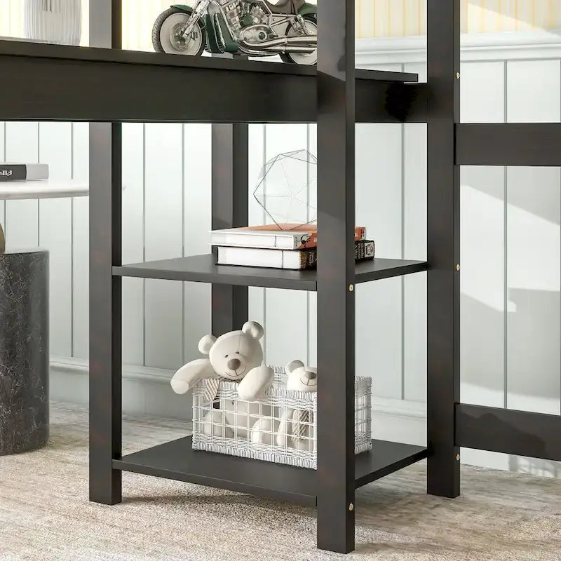 Lit mezzanine avec bureau et étagères, Espresso/Blanc/Gris, 1 place