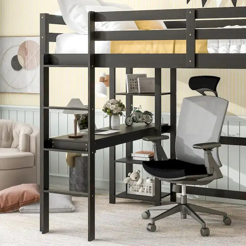 Lit mezzanine avec bureau et étagères, Espresso/Blanc/Gris, 1 place