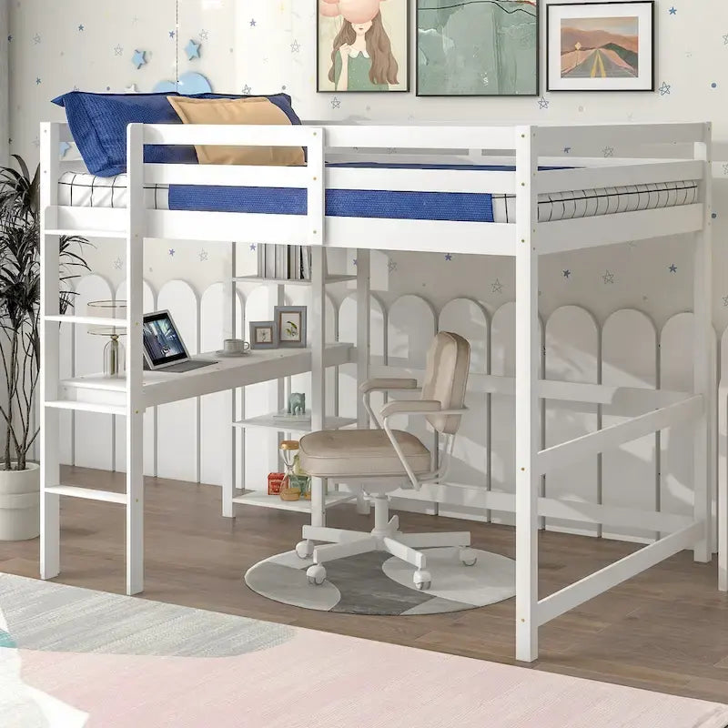 Lit mezzanine avec bureau et étagères, Espresso/Blanc/Gris, 1 place
