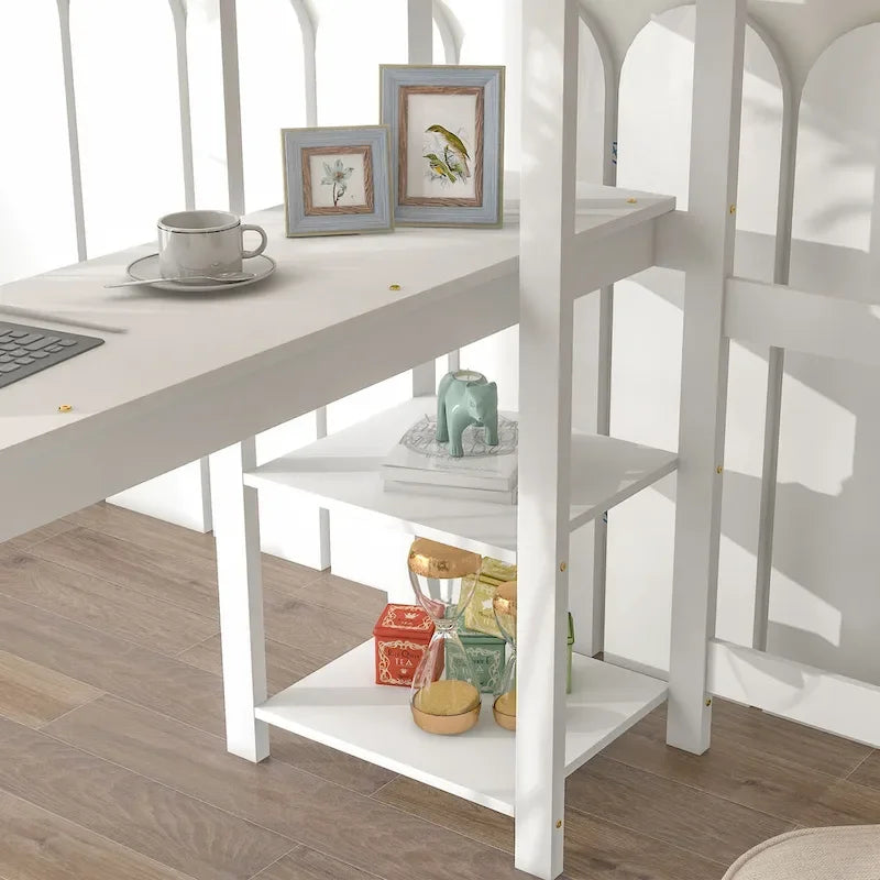 Lit mezzanine avec bureau et étagères, Espresso/Blanc/Gris, 1 place