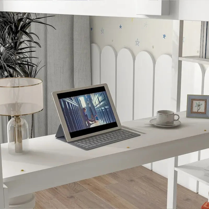 Lit mezzanine avec bureau et étagères, Espresso/Blanc/Gris, 1 place