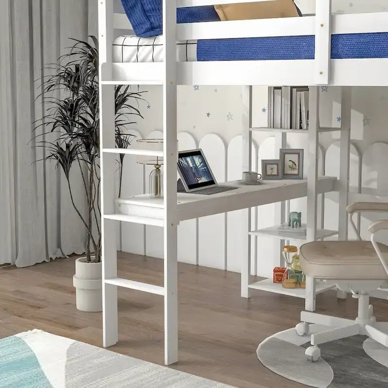 Lit mezzanine avec bureau et étagères, Espresso/Blanc/Gris, 1 place