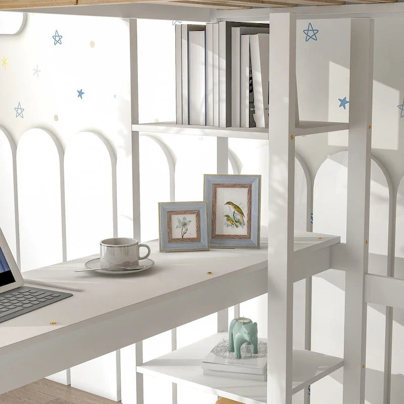 Lit mezzanine avec bureau et étagères, Espresso/Blanc/Gris, 1 place