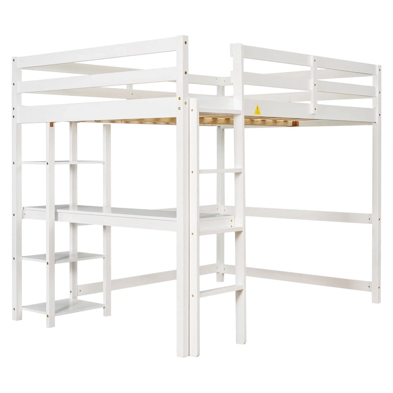 Lit mezzanine avec bureau et étagères, Espresso/Blanc/Gris, 1 place
