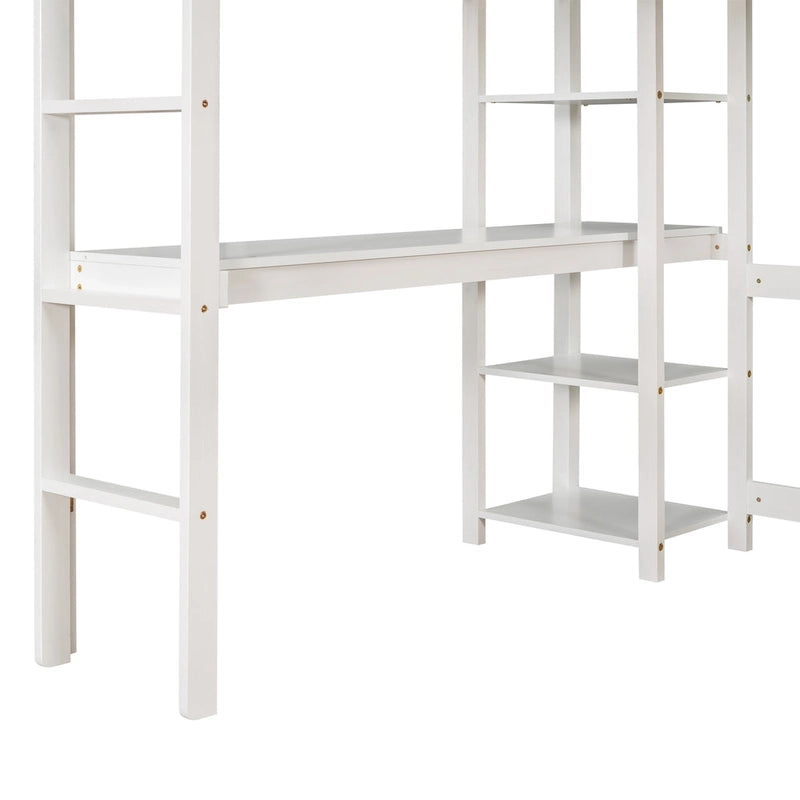 Lit mezzanine avec bureau et étagères, Espresso/Blanc/Gris, 1 place