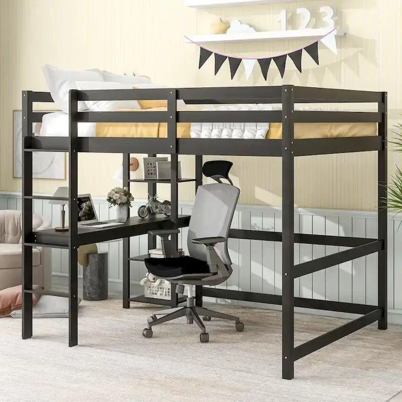 Lit mezzanine avec bureau et étagères, Espresso/Blanc/Gris, 1 place