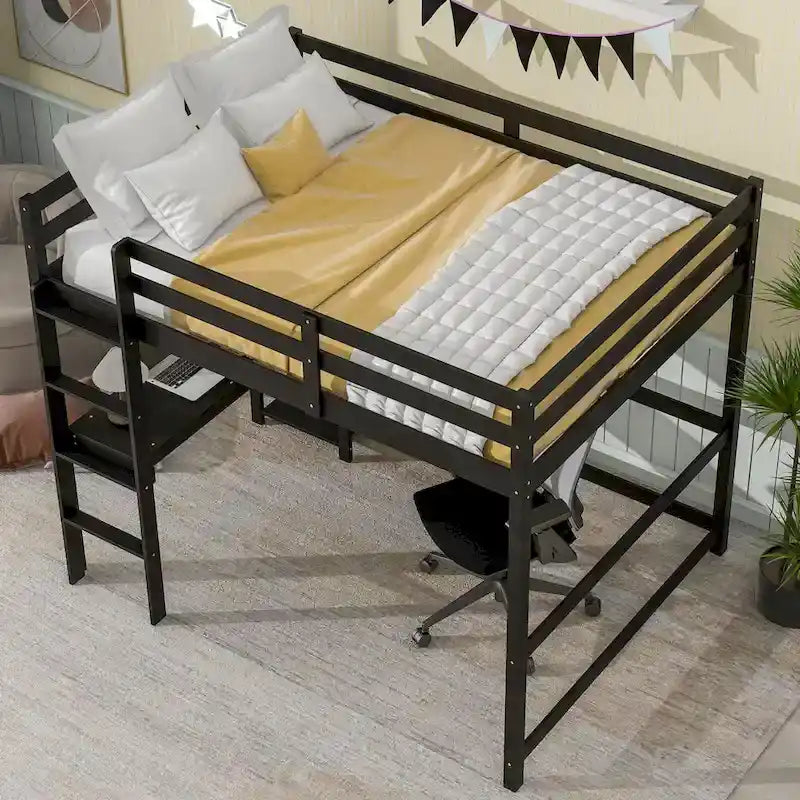 Lit mezzanine avec bureau et étagères, Espresso/Blanc/Gris, 1 place