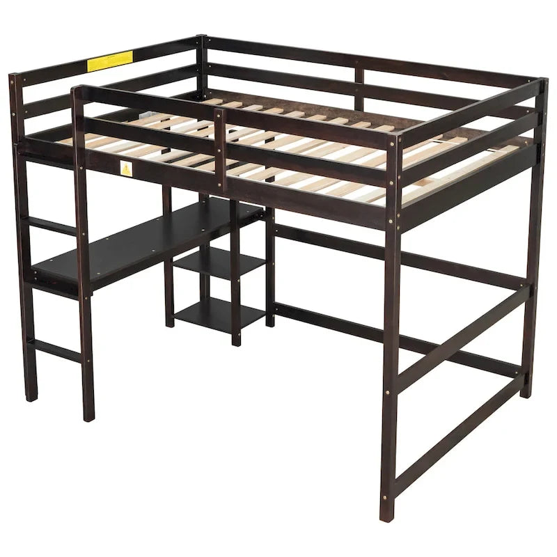 Lit mezzanine avec bureau et étagères, Espresso/Blanc/Gris, 1 place