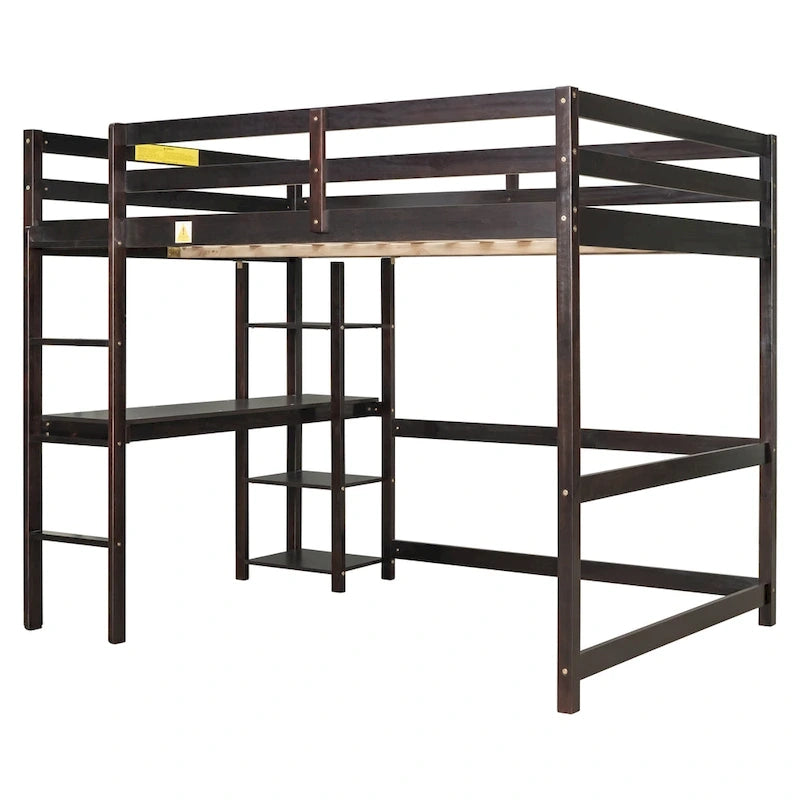 Lit mezzanine avec bureau et étagères, Espresso/Blanc/Gris, 1 place