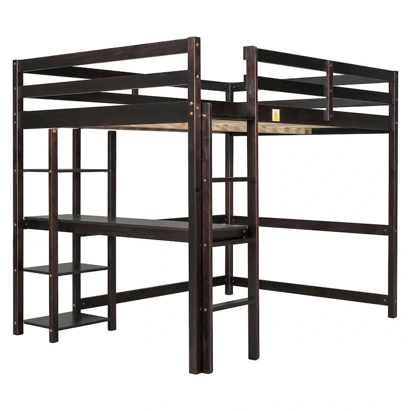 Lit mezzanine avec bureau et étagères, Espresso/Blanc/Gris, 1 place