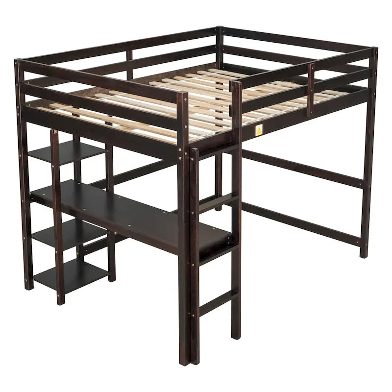 Lit mezzanine avec bureau et étagères, Espresso/Blanc/Gris, 1 place