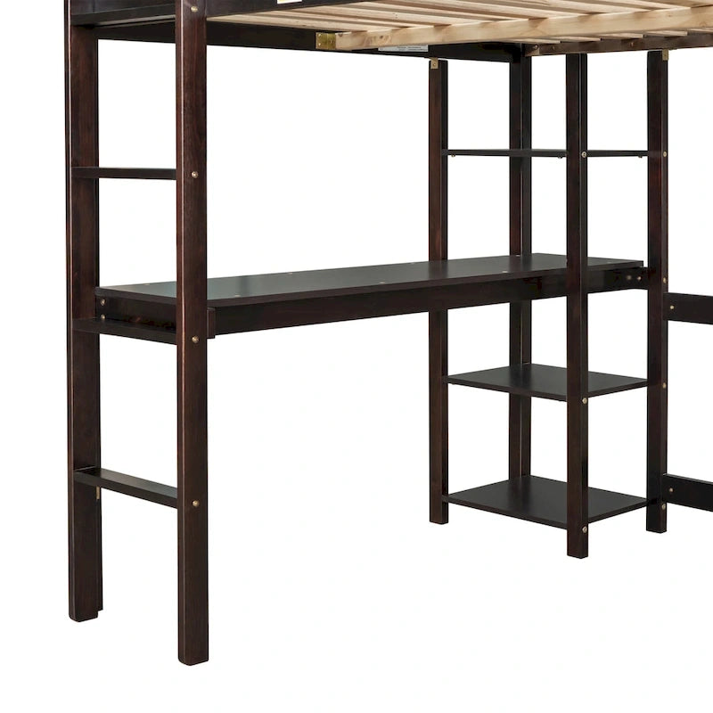 Lit mezzanine avec bureau et étagères, Espresso/Blanc/Gris, 1 place