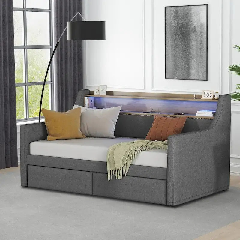 Lit de repos capitonné simple avec rangement et cloutage gris / beige / blanc (1 personne)