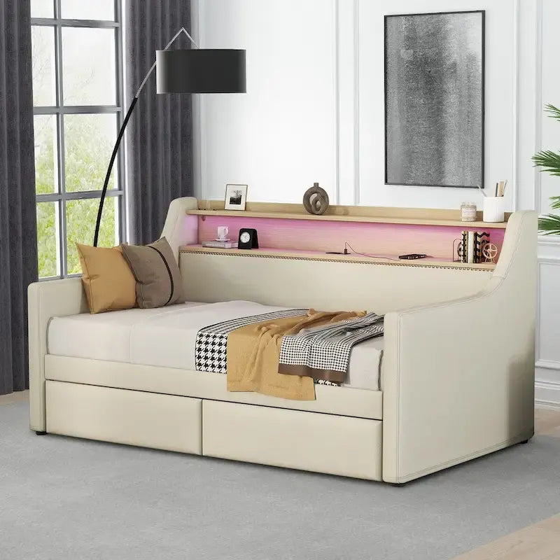 Lit de repos capitonné simple avec rangement et cloutage gris / beige / blanc (1 personne)