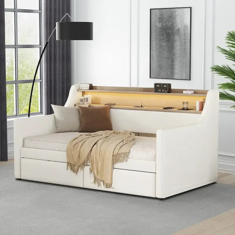 Lit de repos capitonné simple avec rangement et cloutage gris / beige / blanc (1 personne)