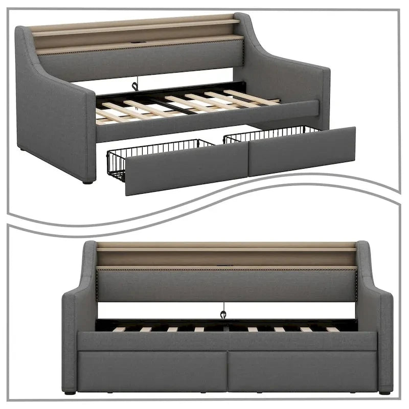 Lit de repos capitonné simple avec rangement et cloutage gris / beige / blanc (1 personne)