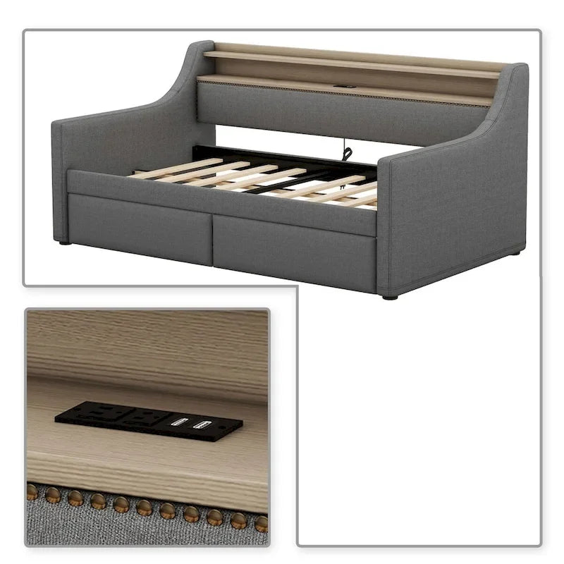 Lit de repos capitonné simple avec rangement et cloutage gris / beige / blanc (1 personne)