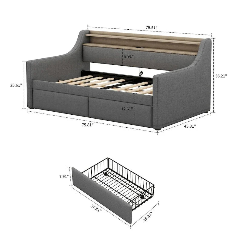 Lit de repos capitonné simple avec rangement et cloutage gris / beige / blanc (1 personne)