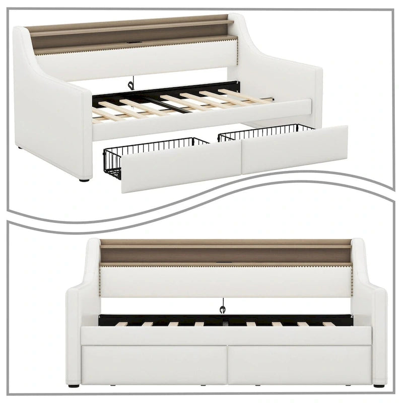 Lit de repos capitonné simple avec rangement et cloutage gris / beige / blanc (1 personne)