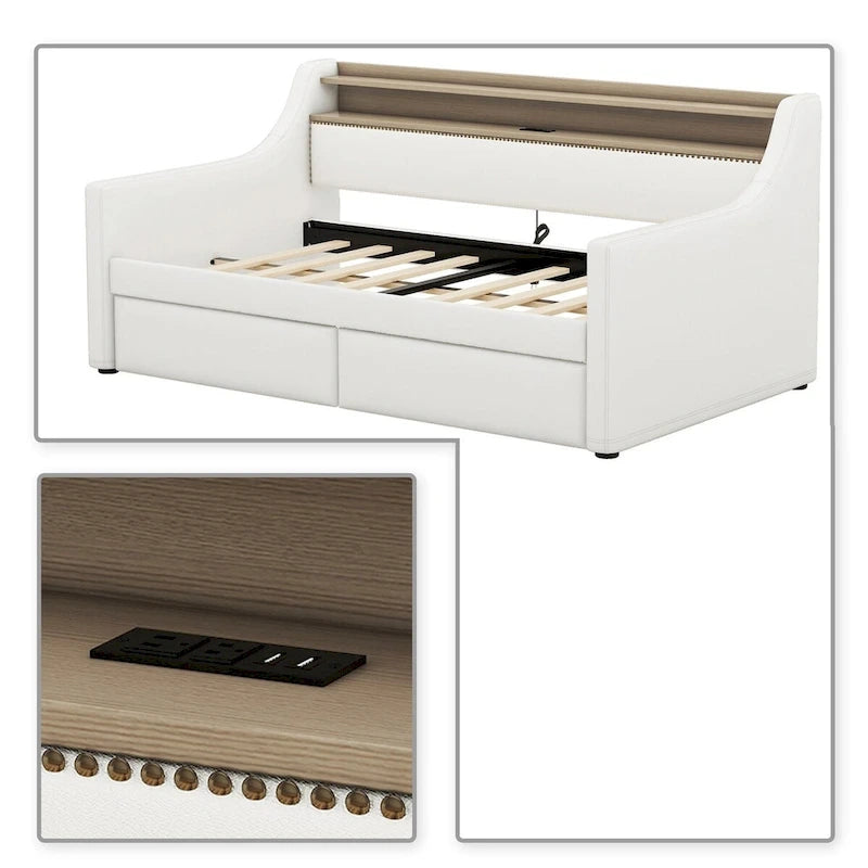 Lit de repos capitonné simple avec rangement et cloutage gris / beige / blanc (1 personne)