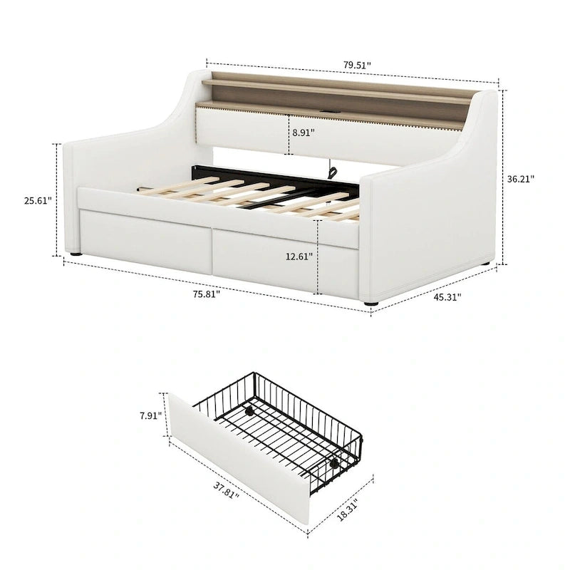 Lit de repos capitonné simple avec rangement et cloutage gris / beige / blanc (1 personne)