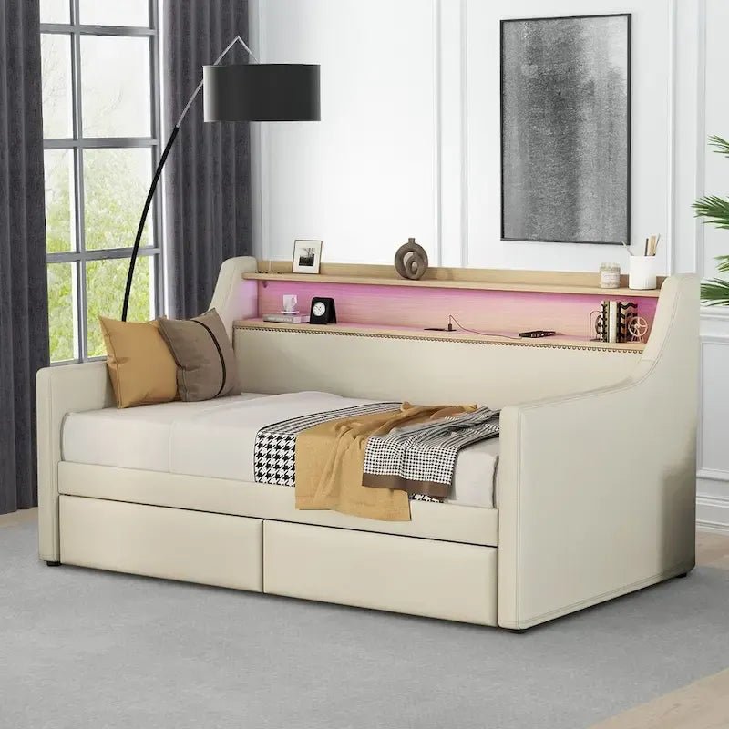 Lit de repos capitonné simple avec rangement et cloutage gris / beige / blanc (1 personne)