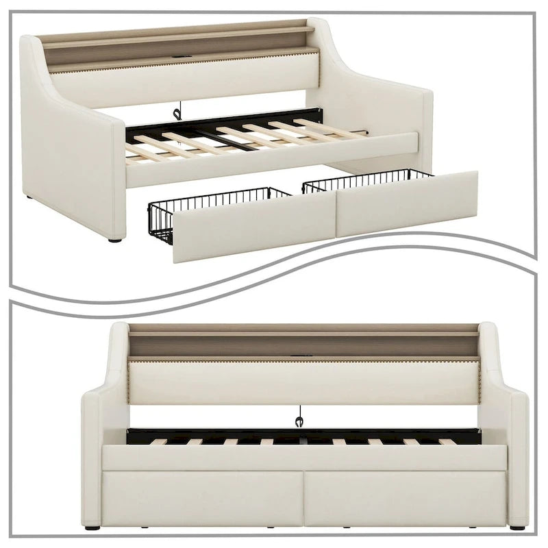 Lit de repos capitonné simple avec rangement et cloutage gris / beige / blanc (1 personne)
