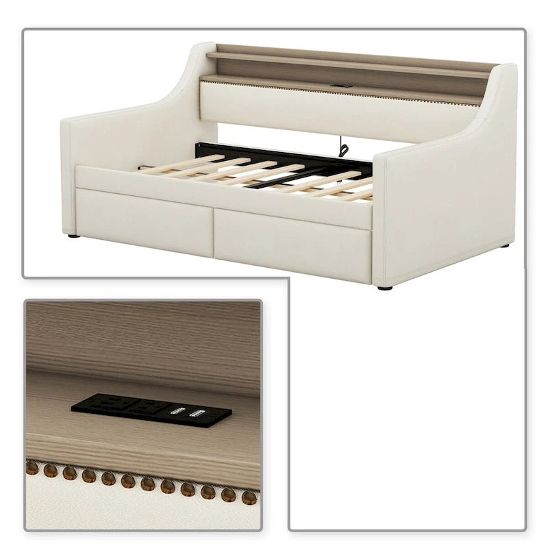 Lit de repos capitonné simple avec rangement et cloutage gris / beige / blanc (1 personne)