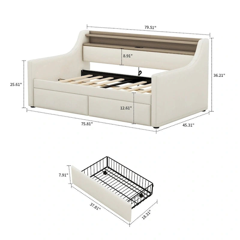 Lit de repos capitonné simple avec rangement et cloutage gris / beige / blanc (1 personne)