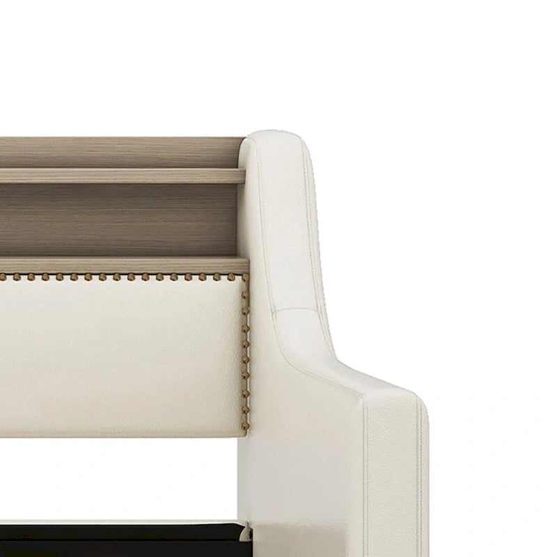 Lit de repos capitonné simple avec rangement et cloutage gris / beige / blanc (1 personne)