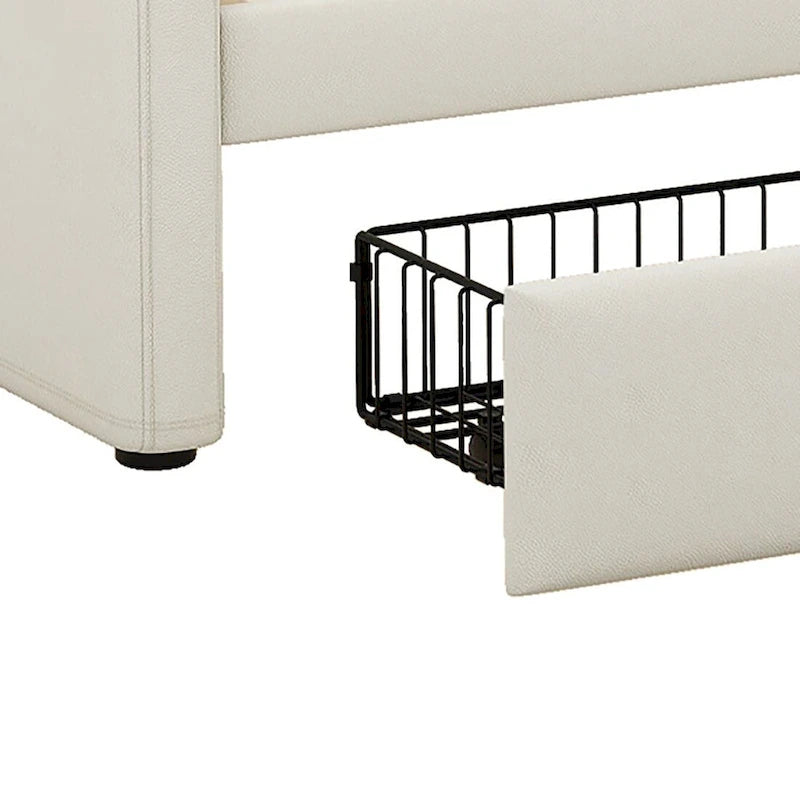 Lit de repos capitonné simple avec rangement et cloutage gris / beige / blanc (1 personne)