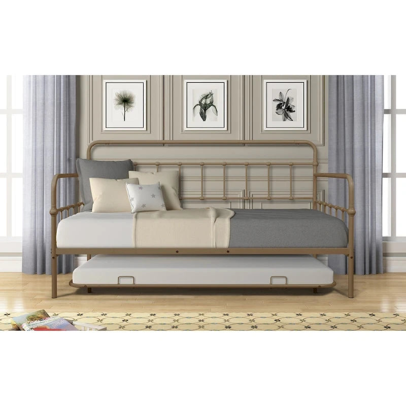 Lit de repos en métal blanc/noir/bronze avec lit gigogne, deux places individuelles, pour 2 personnes