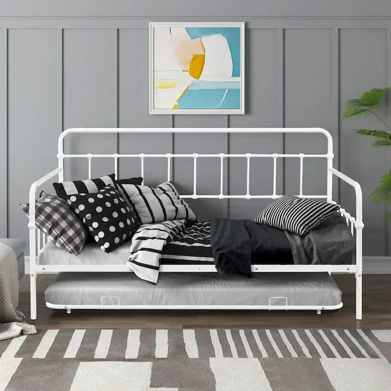 Lit de repos en métal blanc/noir/bronze avec lit gigogne, deux places individuelles, pour 2 personnes