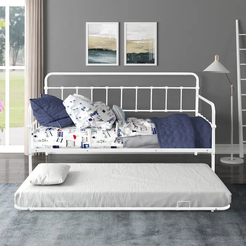 Lit de repos en métal blanc/noir/bronze avec lit gigogne, deux places individuelles, pour 2 personnes