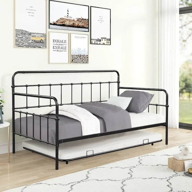 Lit de repos en métal blanc/noir/bronze avec lit gigogne, deux places individuelles, pour 2 personnes