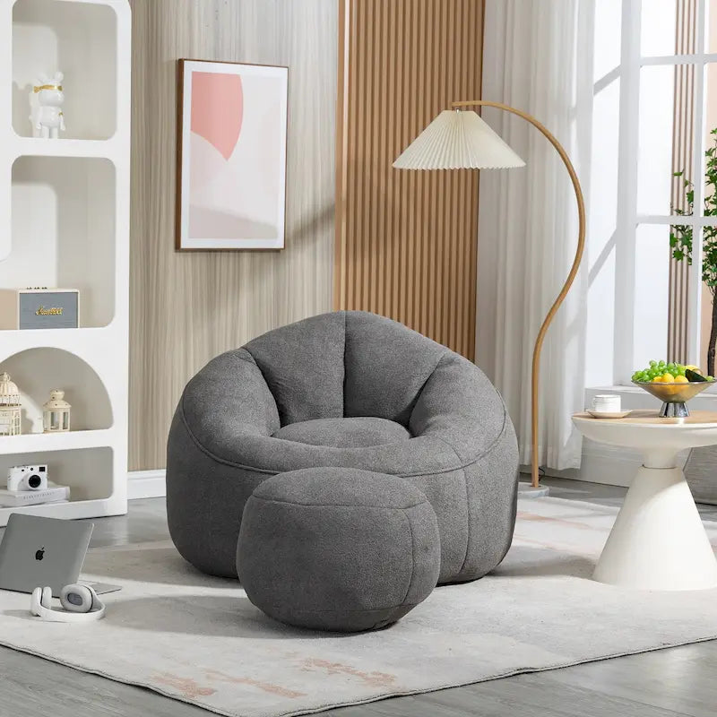 Pouf-fauteuil avec repose-pieds, une place, Gris / Bleu / Beige