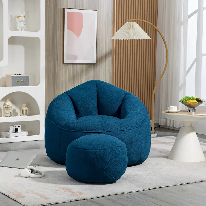 Pouf-fauteuil avec repose-pieds, une place, Gris / Bleu / Beige