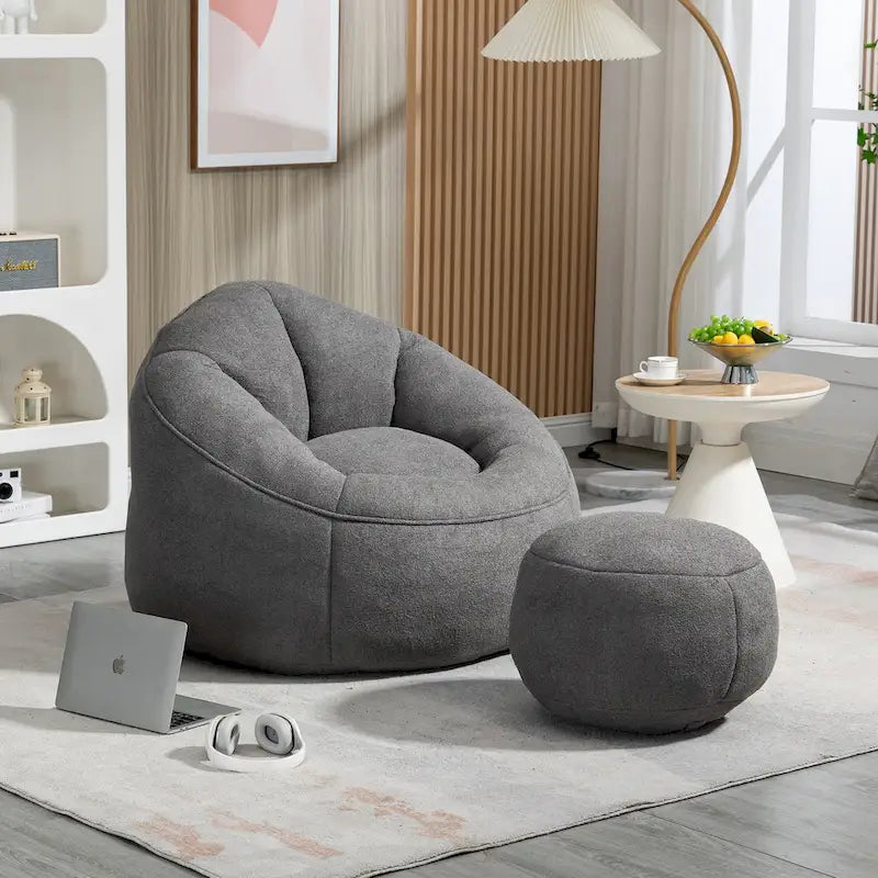 Pouf-fauteuil avec repose-pieds, une place, Gris / Bleu / Beige