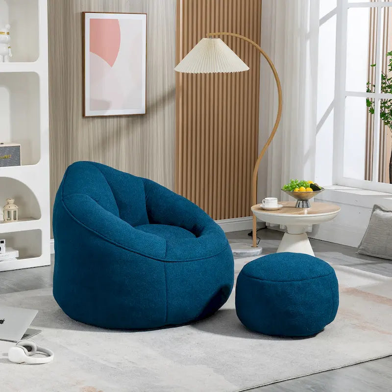 Pouf-fauteuil avec repose-pieds, une place, Gris / Bleu / Beige