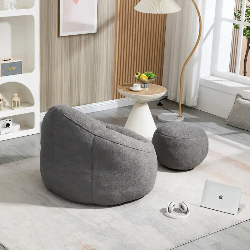 Pouf-fauteuil avec repose-pieds, une place, Gris / Bleu / Beige