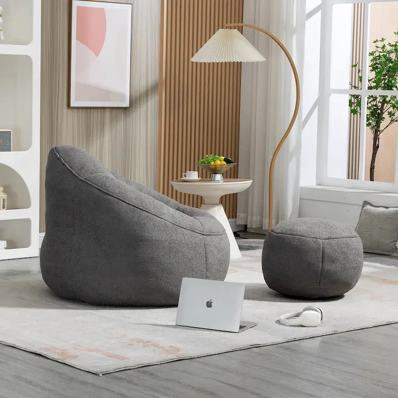 Pouf-fauteuil avec repose-pieds, une place, Gris / Bleu / Beige