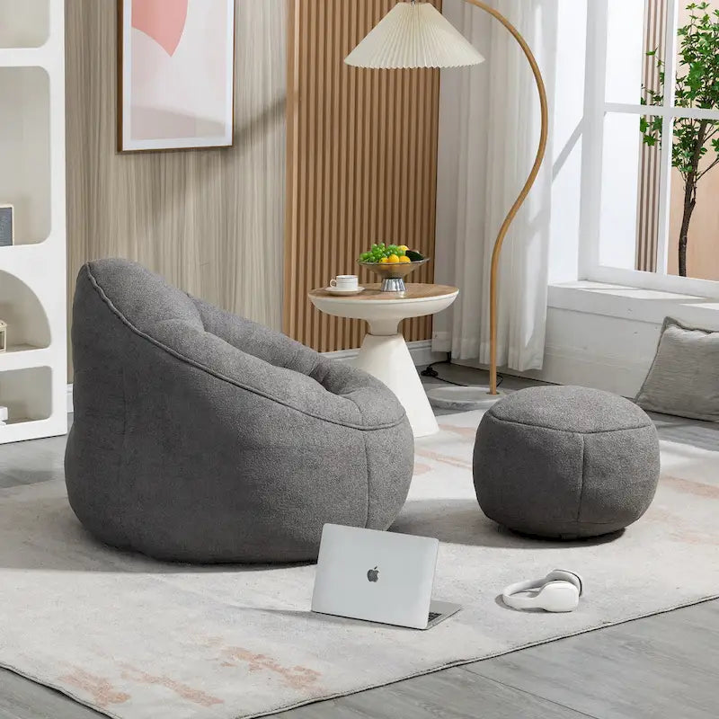 Pouf-fauteuil avec repose-pieds, une place, Gris / Bleu / Beige