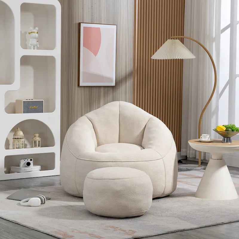 Pouf-fauteuil avec repose-pieds, une place, Gris / Bleu / Beige