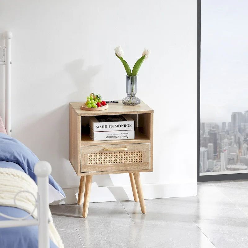Table de chevet en rotin naturel/blanc/noir avec tiroir et ports USB, veilleuse pour 1 personne