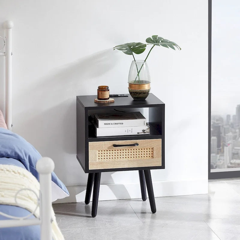 Table de chevet en rotin naturel/blanc/noir avec tiroir et ports USB, veilleuse pour 1 personne