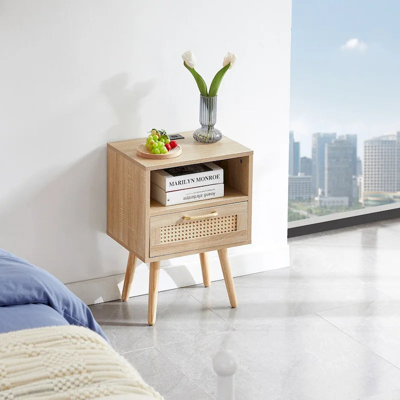 Table de chevet en rotin naturel/blanc/noir avec tiroir et ports USB, veilleuse pour 1 personne