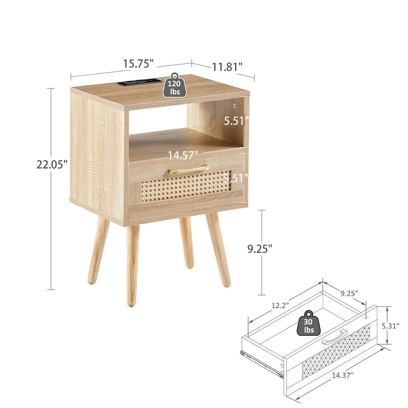Table de chevet en rotin naturel/blanc/noir avec tiroir et ports USB, veilleuse pour 1 personne