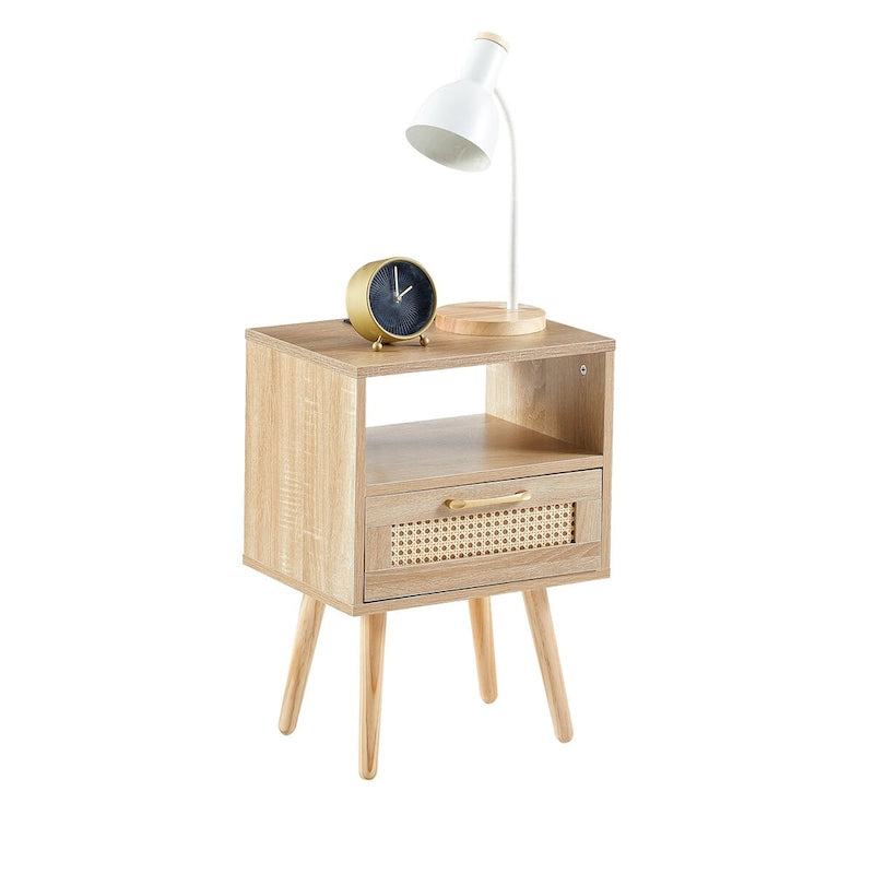 Table de chevet en rotin naturel/blanc/noir avec tiroir et ports USB, veilleuse pour 1 personne