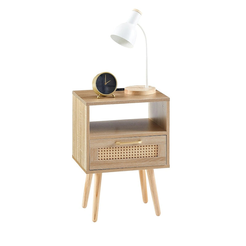 Table de chevet en rotin naturel/blanc/noir avec tiroir et ports USB, veilleuse pour 1 personne